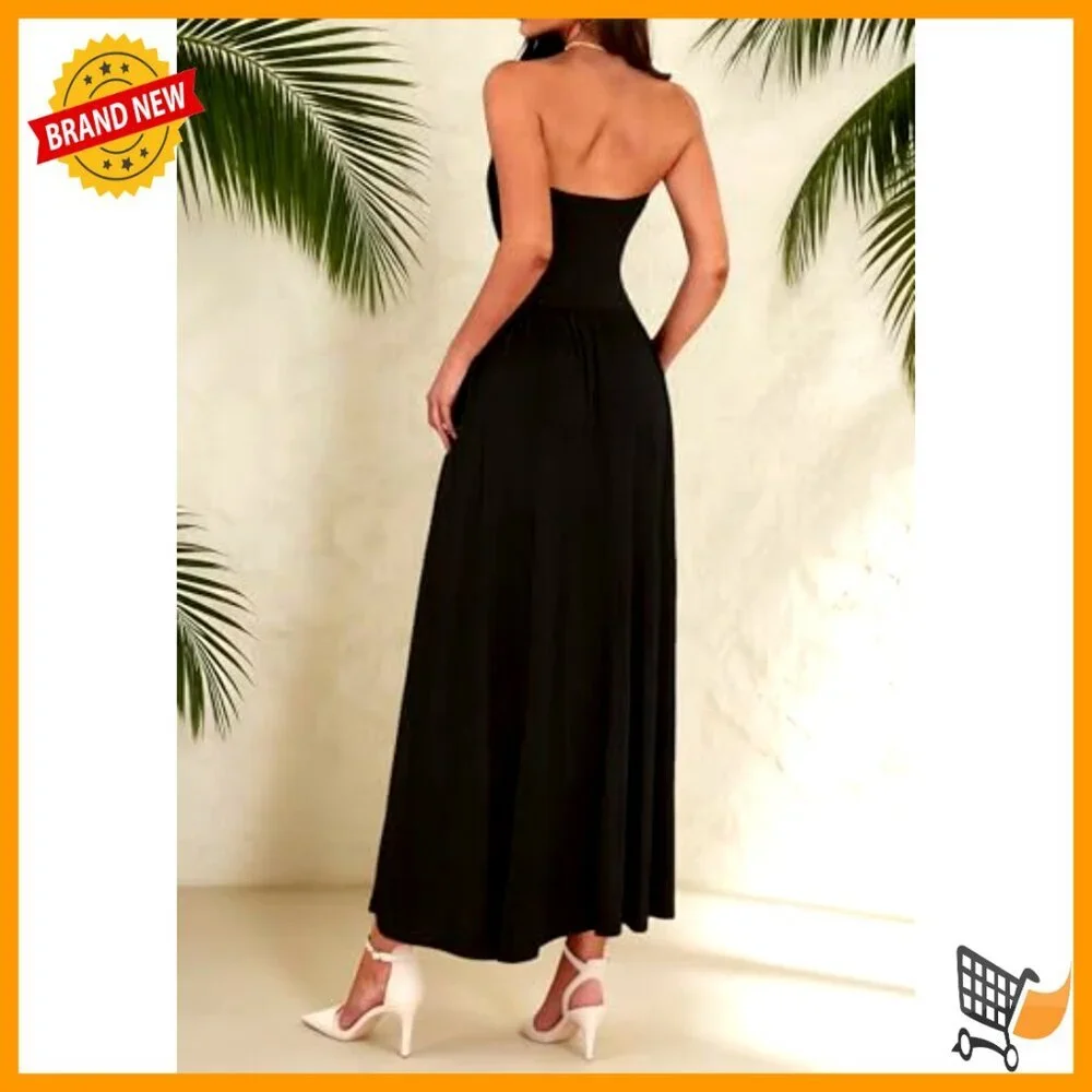Strapless Maxi Dress Formal Wedding Vacation Soft Stretchy Fabric Side Pockets